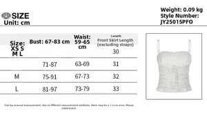 Size guide table for lace camisole showing bust, waist, and length measurements in cm