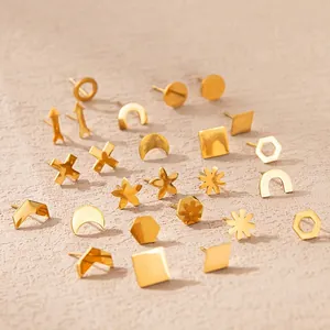 Set of 18K gold-plated geometric stainless steel earrings with matte star and moon designs
