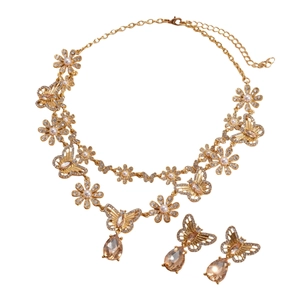 Vintage gold necklace and earring set with butterfly flowers and champagne teardrop gems