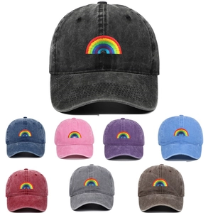 Washed cotton baseball cap with rainbow embroidery in 8 colors including black and navy