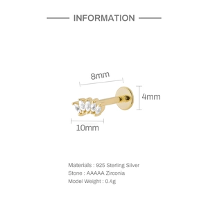 Detail of 925 sterling silver earring with marquise zirconia and product dimensions