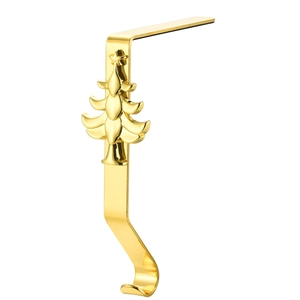 Golden Christmas tree stocking holder hook for mantel with polished metallic finish