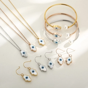 Hamsa Hand Evil Eye Heart Pendant Necklace Drop Earrings And Open Bracelet Stainless Steel Shell Artificial Pearl Jewelry For Women