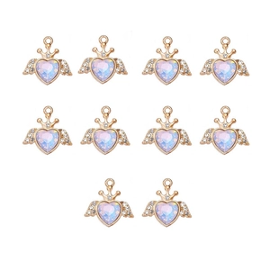 Macro view of 10 heart crystal pendants with golden wings and crown details