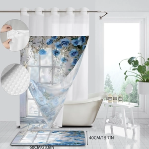 Rideau de douche rose bleue et tapis de bain 40x60cm avec dos antidérapant gaufré
