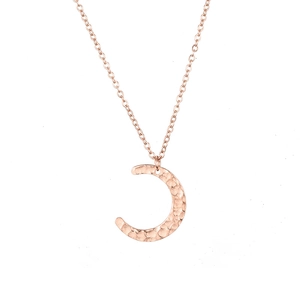 Rose gold crescent moon necklace with hammered texture on a minimalist O-chain