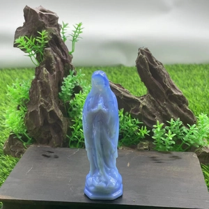 10cm Blue crystal Virgin Mary statue on wood base with natural garden scene backdrop