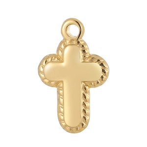 Polished gold stainless steel cross pendant with twisted rope border and metal ring