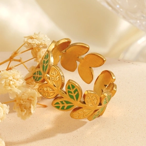 Minimalist gold leaf open ring with green enamel olive branch design for women