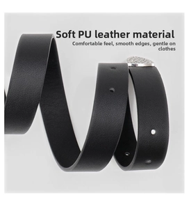Detail of black PU leather belt featuring smooth edge finish and rhinestone buckle