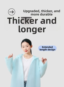 Detail of light blue thick EVA long raincoat with waterproof texture and durable hood