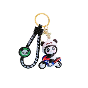 Cartoon panda motorcycle keychain with helmet, 3D biker charm and woven strap