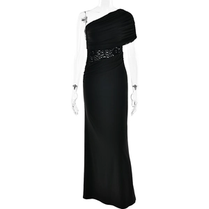 Elegant black one-shoulder long dress with pleated details and lace waist cutout on mannequin