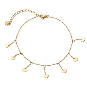 Elegant gold stainless steel heart charm anklet with fringe pendant and adjustable chain