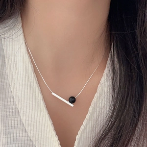 Minimalist 925 sterling silver necklace with square bar and black agate bead pendant