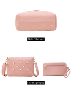 Détails du sac seau rose matelassé avec perles et bandoulière amovible incluse