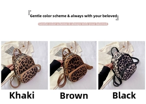 Three color variants of mini leopard print backpacks in khaki, brown, and black options