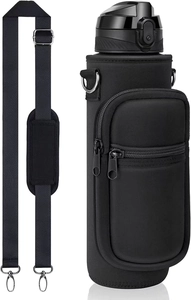 Detail of black SBR water bottle sleeve with adjustable padded shoulder strap and zipper pocket