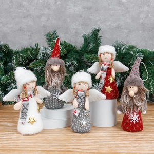 Plush Christmas angel and gnome ornaments set in red and white on display stands