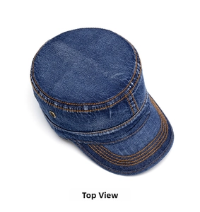 Top view of blue denim cadet cap featuring orange contrast stitching and metal eyelets