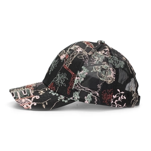 Side profile of elegant black baseball cap with Chinese style jacquard embroidery