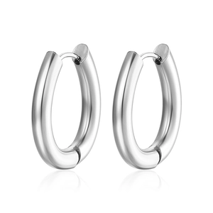 Sleek silver oval hoop earrings in polished stainless steel for a modern minimalist look