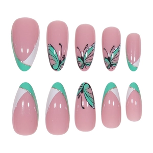 Almond press-on nails with butterfly pattern and silver glitter in pink and mint green