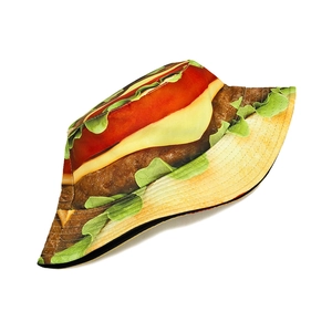 Detailed close-up of novelty burger layer print on a versatile bucket hat with sharp focus