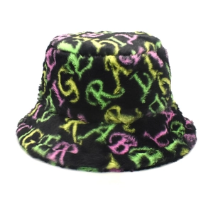 Faux fur black bucket hat with colorful neon letter patterns for winter warmth