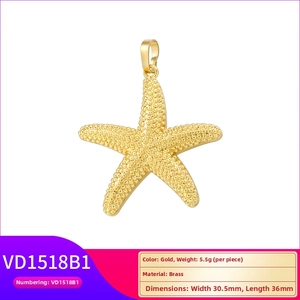 Macro shot of gold-plated starfish pendant showing textured brass details and dimensions