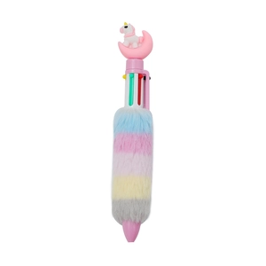 Rainbow fluffy unicorn multi-color ballpoint pen with cute crescent moon and unicorn topper