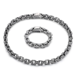 Vintage hammered texture men's stainless steel necklace and bracelet jewelry set