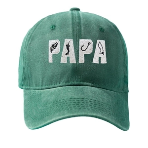Dark green washed baseball cap featuring white PAPA fishing embroidery for outdoor sun protection