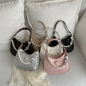 Minimalist hobo handbags set with heart relief and pearl straps in six elegant colors