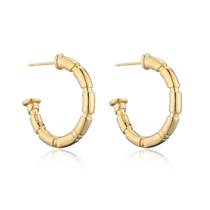 Minimalist 14K gold-plated bamboo texture hoop earrings in 925 silver with mirror reflection