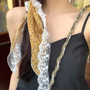 Floral print hair kerchief with lace trim and yellow flower pattern for summer styling
