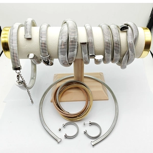 Stainless Steel Tubogas Snake Chain Open Cuff Bracelet Choker Necklace And Hoop Earrings Minimalist Jewelry Women