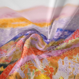 Artistic mountain landscape tapestry with vibrant orange and purple impressionist prints