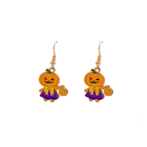 Cute Halloween pumpkin earrings with purple hats and golden hooks for party wear