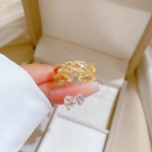 Crossed 18K gold plated ring with micro-pave zircon crystals for women