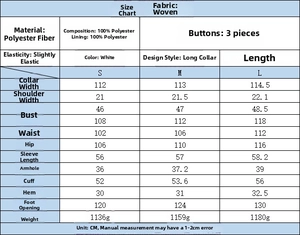 Detailed size chart for soft velvet-touch long coat showing polyester material specs