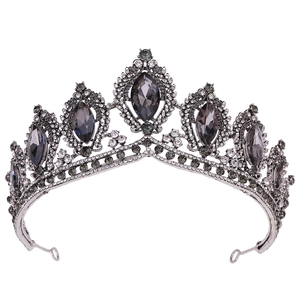 Close-up of Baroque bridal crown with grey marquise crystals and intricate micro-pave details