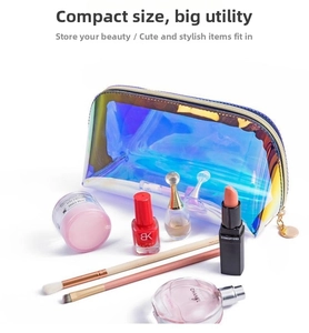 Detailed view of iridescent TPU makeup bag with golden zipper and waterproof holographic finish