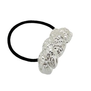 Elastic hair tie with textured silver alloy ornament on a clean white background