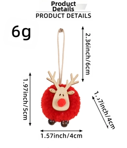 Detailed size parameters for the red reindeer plush ornament with wooden deer head and cord