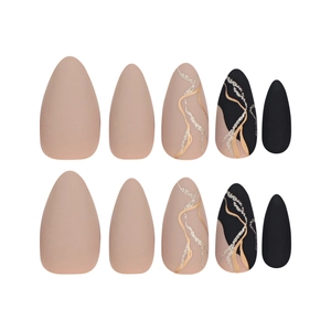 Almond press-on nails set featuring matte nude, black and gold marble texture designs