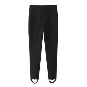 Classic black stirrup pants for women with high-waist slim fit and smooth plain fabric