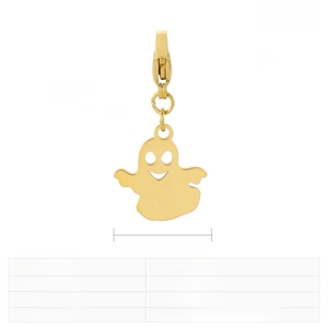 Detail of 17x16mm gold ghost pendant with lobster clasp and stainless steel texture