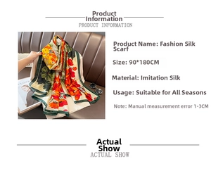 Detailed close-up of vibrant floral print silk-feel scarf with dimensions 90x180cm