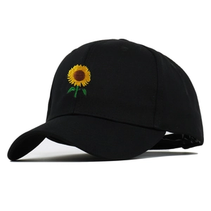 Classic black baseball cap with vibrant sunflower embroidery, adjustable casual cotton hat.